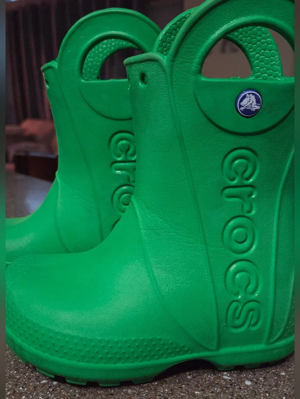 CROCS Kids Bright Green Waterproof Rain Boots with Easy Handles